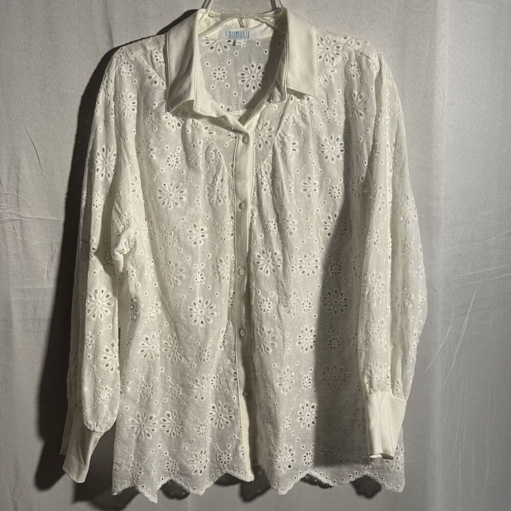 Bunulu Women White Eyelet Lace Blouse Plus Size 1X Button Front Boho Cottagecore